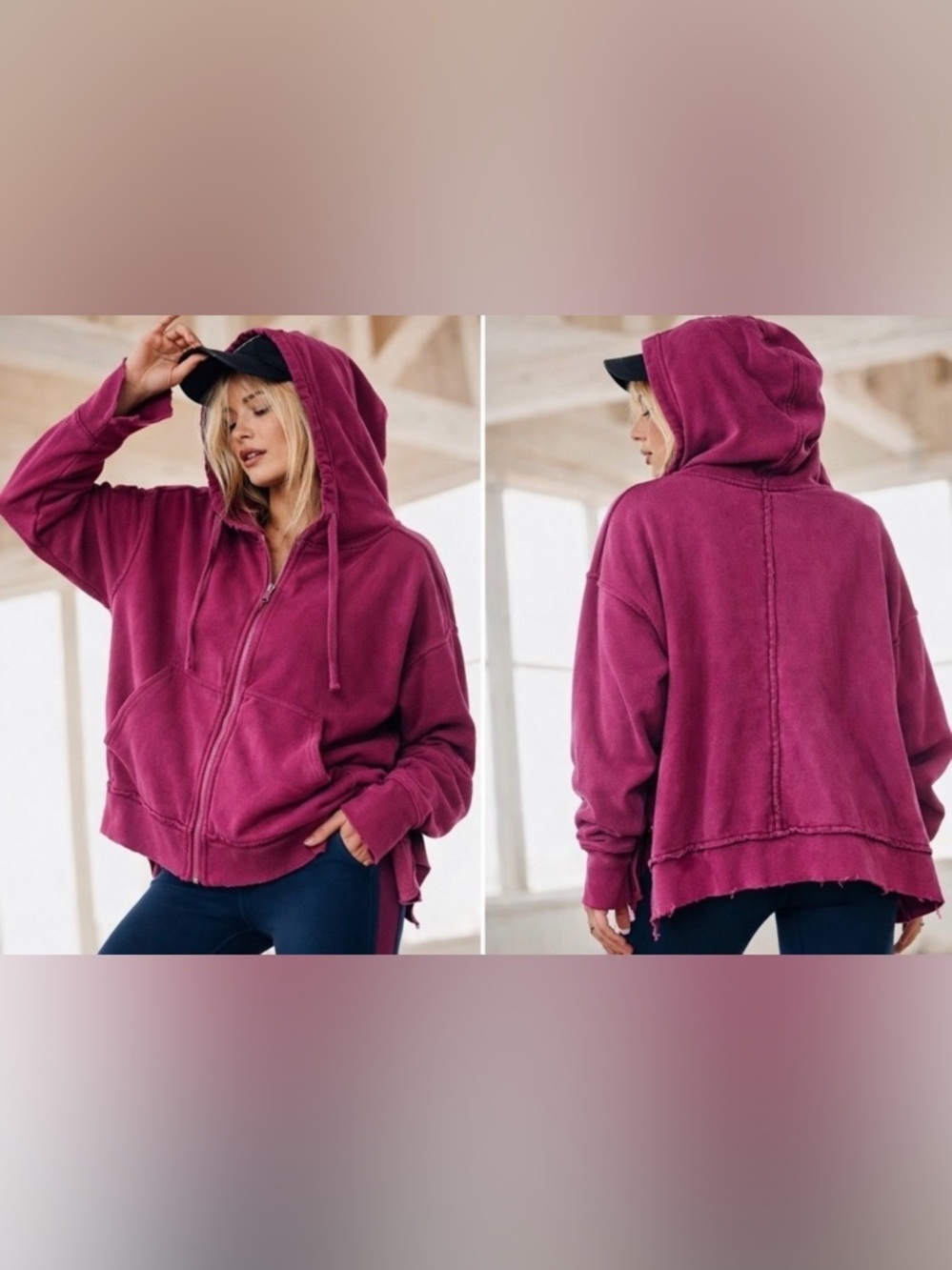Free People Movement Women Pink Zip Up Hoodie Bomber Oversize Jacket Size XS